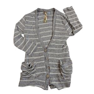 Spoiled Thin Button Sweater 2 Pockets Women's Size S Oatmeal/Ivory Striped Comfy